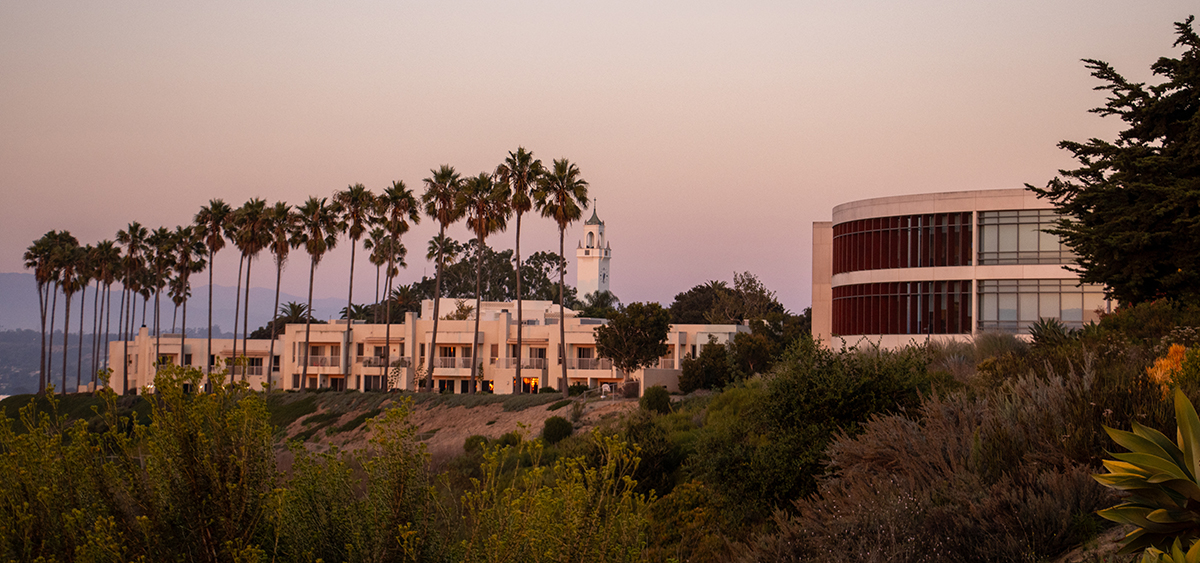 A landscape at sunset facing the bluff with Hannon Library, the Jesuit Community, and the Clock Tower in frame, with a row of palm trees to the left.
